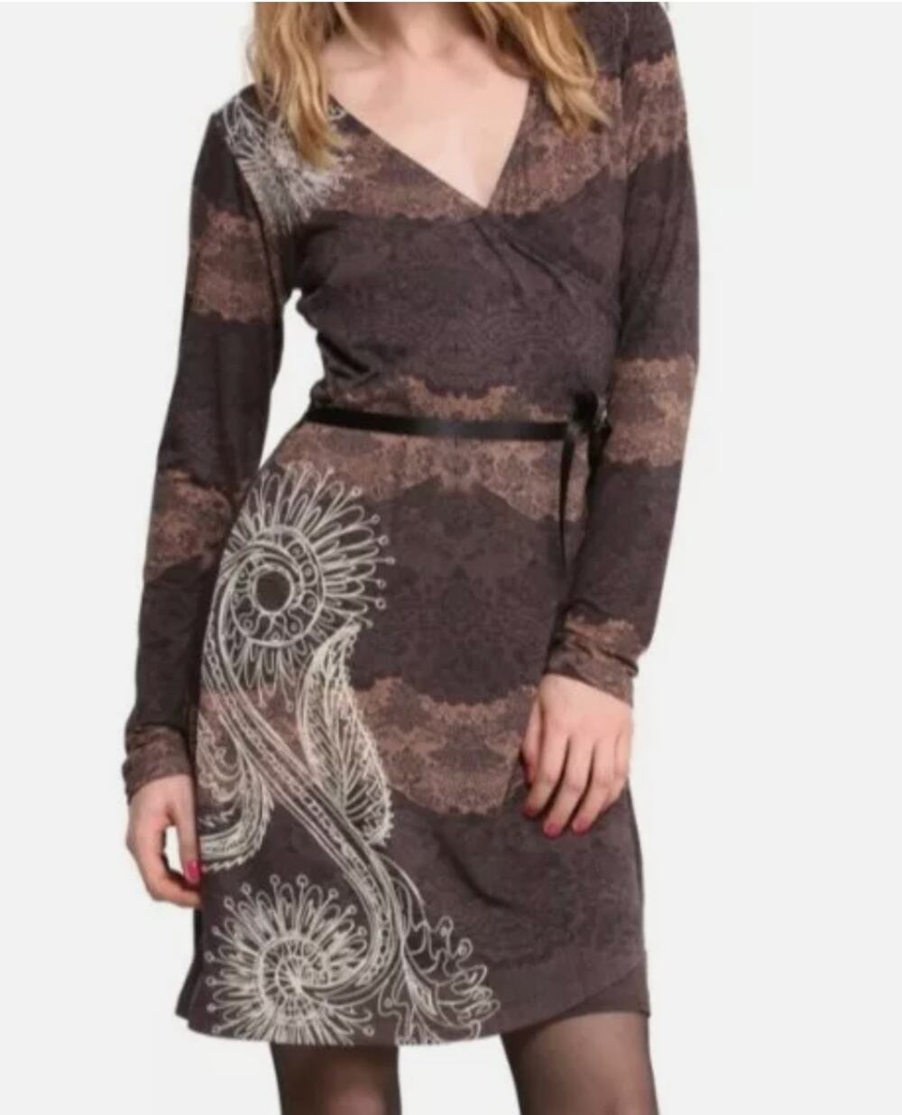Desigual Why? 47V2048 Women's Brown Faux Wrap Embroidered Belted Dress sz. M